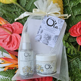 A luxurious spa gift set including Plumeria scented sea salt soak, mineralizing deep sea mist, and body butter, all packaged in an organza bag with a branded hang tag. Travel friendly. Great value
