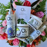 Tropical Luxury boxed gift set comes with full size spa products including all of Ola's beautiful scents:
Passion fruit body wash, Pikake body butter, Coconut honey sugar body polish, Plumeria mineralizing sea body mist and Rainforest therapeutic sea salts